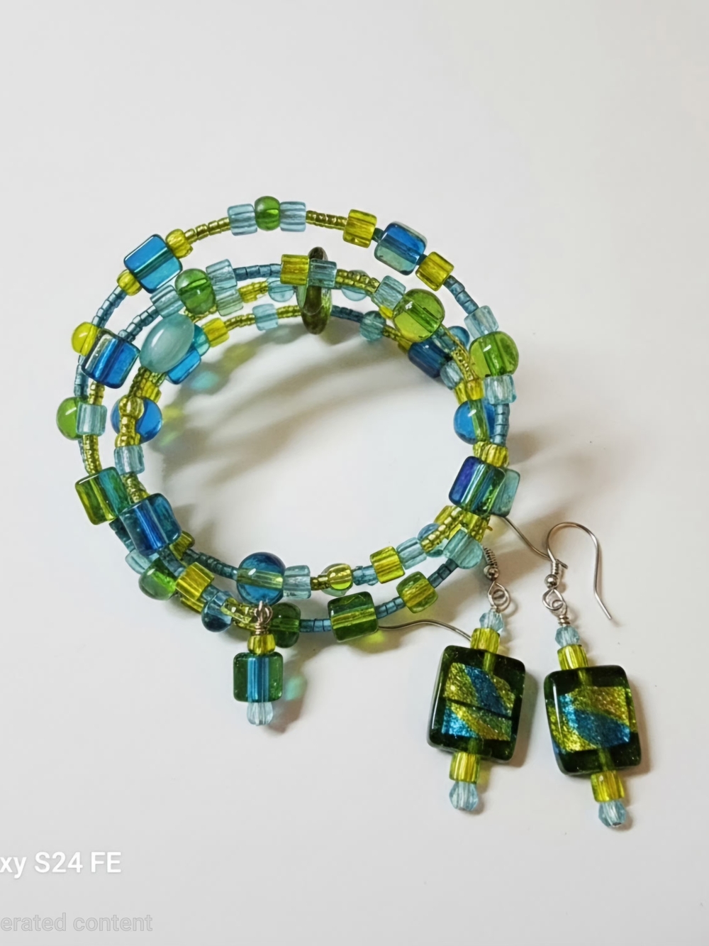 PrettyLittleThing Blue & Green Glass Bead Coil Bracelet with Matching Earrings